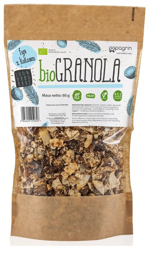 GRANOLA FIGA Z KOKOSEM BEZ DODATKU CUKRÓW BEZGLUTENOWA BIO 60 g - PAPAGRIN