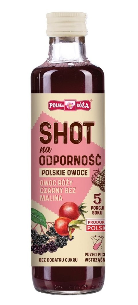 SHOT NA ODPORNOŚĆ OWOC RÓŻY - CZARNY BEZ - MALINA BEZ DODATKU CUKRU 250 ml - POLSKA RÓŻA