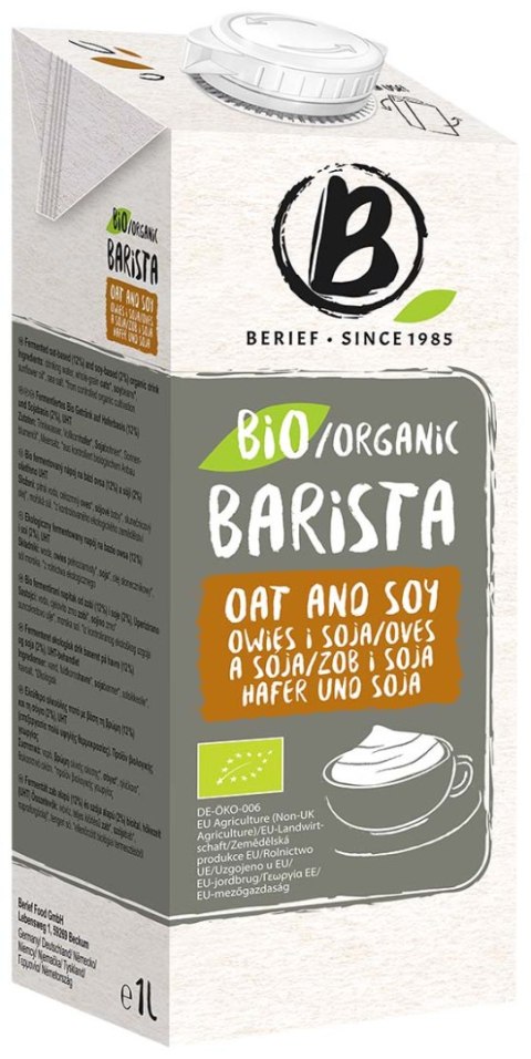 NAPÓJ OWSIANO - SOJOWY BARISTA BEZ DODATKU CUKRÓW BIO 1 L - BERIEF NAPÓJ OWSIANO - SOJOWY BARISTA BEZ DODATKU CUKRÓW BIO 1 L - BERIEF