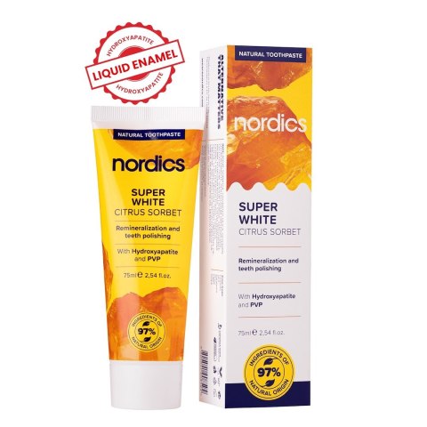 PASTA DO ZĘBÓW REMINERALIZUJĄCA SUPER WHITE Z PŁYNNYM SZKLIWEM BEZ FLUORU 75 ml - NORDICS PASTA DO ZĘBÓW REMINERALIZUJĄCA SUPER WHITE Z PŁYNNYM SZKLIWEM BEZ FLUORU 75 ml - NORDICS