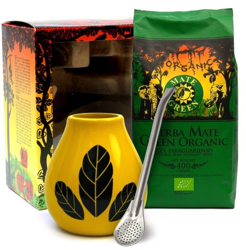 ZESTAW YERBA MATE BIO 400 g, MATERO (LOSOWY WZÓR), BOMBILLA - YERBA MATE GREEN ORGANIC