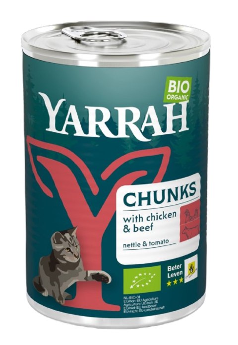 (DLA KOTA DOROSŁEGO) KAWAŁKI KURCZAKA I WOŁOWINY Z POMIDOREM I POKRZYWĄ BIO 405 g - YARRAH