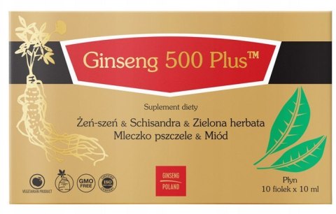 Ginseng 500 PLUS Żeńszeń + Schisandra + Zielona herbata + Mleczko pszczele + Miód 10x10ml (fiolki) GINSENG POLAND