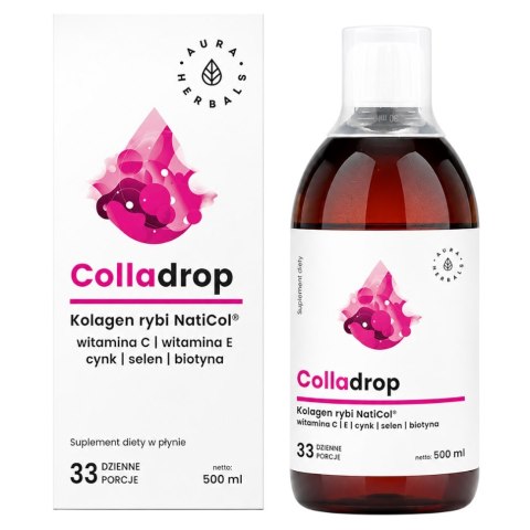 AURA HERBALS Colladrop NatiCol w płynie 500ml - Kolagen rybi + Witamina C, E, selen, cynk, biotyna