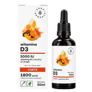 AURA HERBALS Witamina D3 Forte 2000 IU na oleju MCT (1800 porcji) - krople 50ml