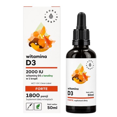 AURA HERBALS Witamina D3 Forte 2000 IU na oleju MCT (1800 porcji) - krople 50ml