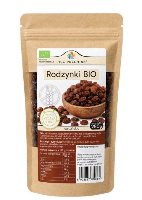 PIĘĆ PRZEMIAN Rodzynki sułtańskie bezglutenowe BIO 250g