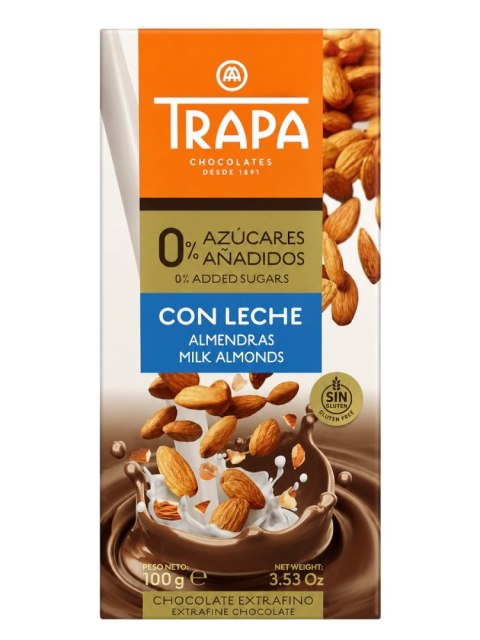 TRAPA Czekolada mleczna z migdałami bez dodatku cukru bezglutenowa 100g