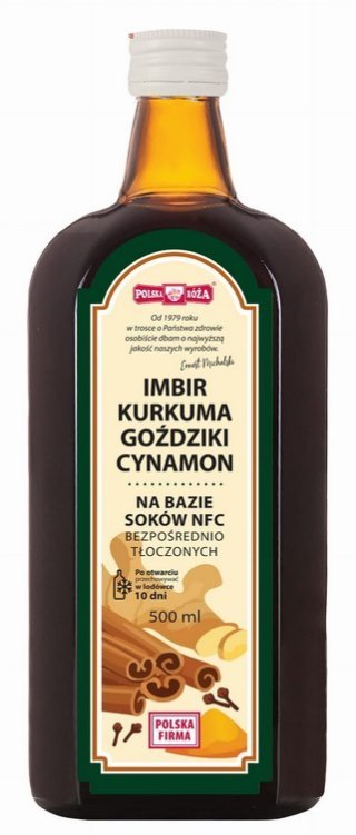 IMBIR KURKUMA GOŹDZIKI CYNAMON na bazie soków NFC 500ml POLSKA RÓŻA