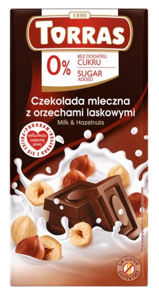 TORRAS Czekolada mleczna z orzechami laskowymi bez dodatku cukru bezglutenowa 75g