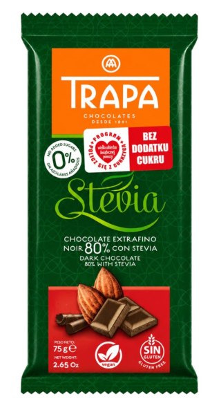TRAPA Stevia Czekolada gorzka 80% kakao bez dodatku cukru bezglutenowa 75g