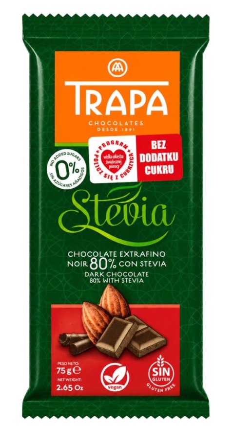 TRAPA Stevia Czekolada gorzka 80% kakao bez dodatku cukru bezglutenowa 75g