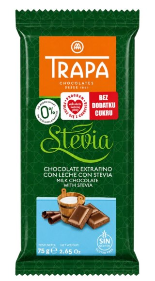 TRAPA Stevia Czekolada mleczna bez dodatku cukru bezglutenowa 75g
