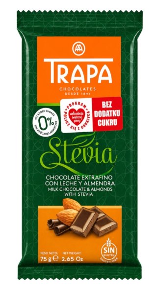 TRAPA Stevia Czekolada mleczna z migdałami bez dodatku cukru bezglutenowa 75g