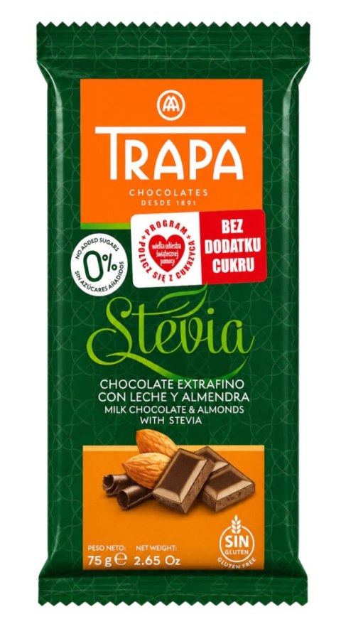 TRAPA Stevia Czekolada mleczna z migdałami bez dodatku cukru bezglutenowa 75g